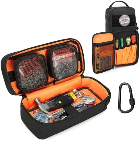 rexmica heavy duty small tool bag storage with 2 zipper pouches multi functional tactical molle tool organizer case with locking carabiner for camping road trip electricians edc multimeter case