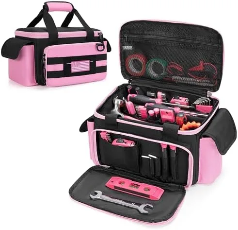 rexmica pink tool bag for women tool storage organizer with anti friction and thick padded bottom tactical range bag multi functional work bag for repairman electrician carpenters pink
