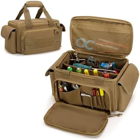 rexmica small tool bag with anti friction and thick padded bottom tool storage organizer for men tactical bag range bag multi functional work tote for repairman electrician carpenters khaki