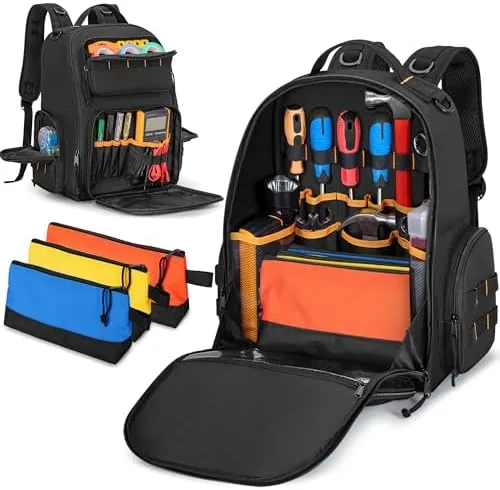 rexmica tool bag backpack with 3 tool zipper pouch tool organizer bag for men with padded support tactical tool storage work bag for repairman electrician handyman black patented design